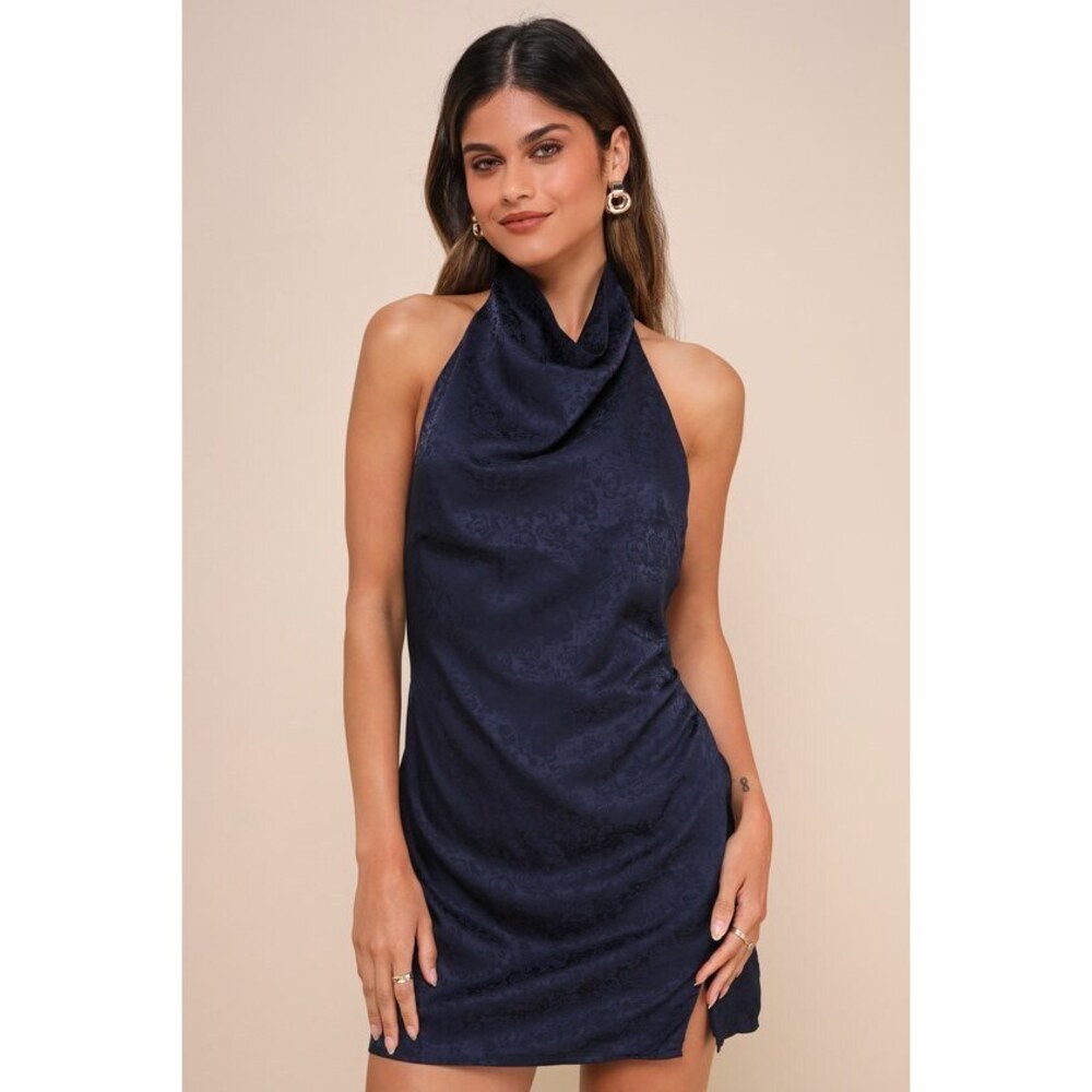 Lulus Simply A Stunner Navy Jacquard Cowl Backless Mini Dress Blue - Size L
